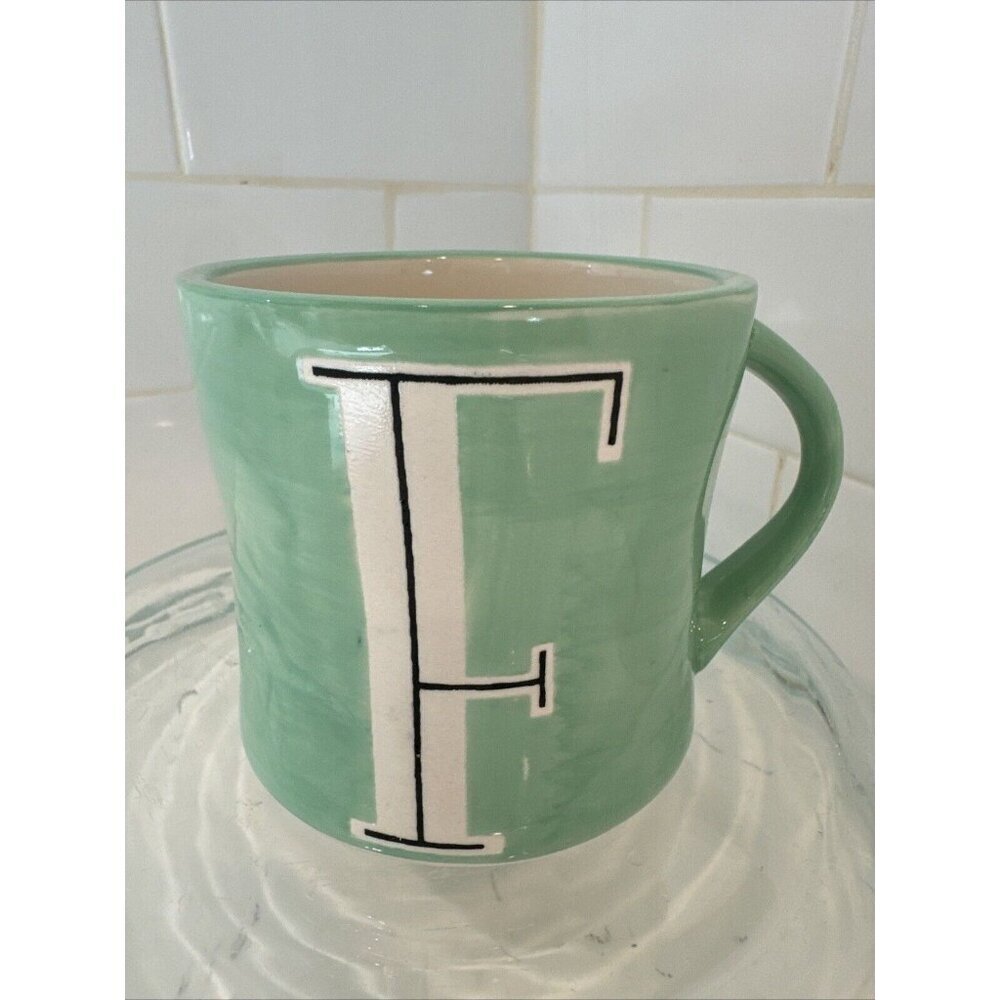 ANTHROPOLOGIE COFFEE TEA CUP MUG GREEN WITH LETTER F 12 OZ